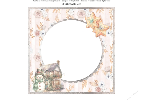 Traditional Christmas 55: Winter Cottage & Snowman 8 x 8 Card Insert with Peach Floral Striped Background