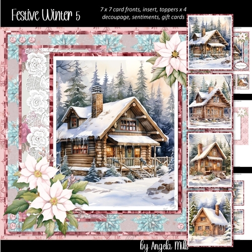 Festive Winter 5: Snowy Winter Cabin Scenes 7 x 7 Card Mini Kit, 8 Sheets