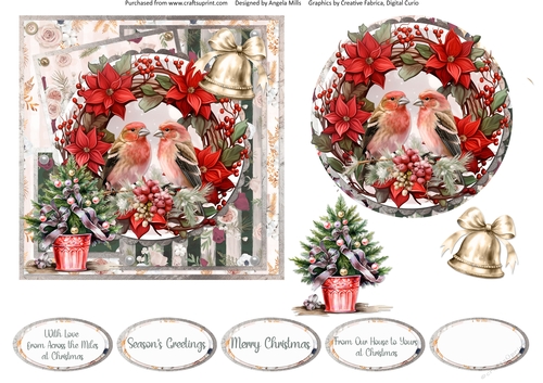 Traditional Christmas 32: Robins/Poinsettias Wreath 6 x 6 Card Front with Topper, Decoupage and Sentiments