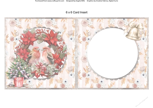 Traditional Christmas 32: Robins/Poinsettias Wreath 6 x 6 Card Insert with Peach Floral Striped Background
