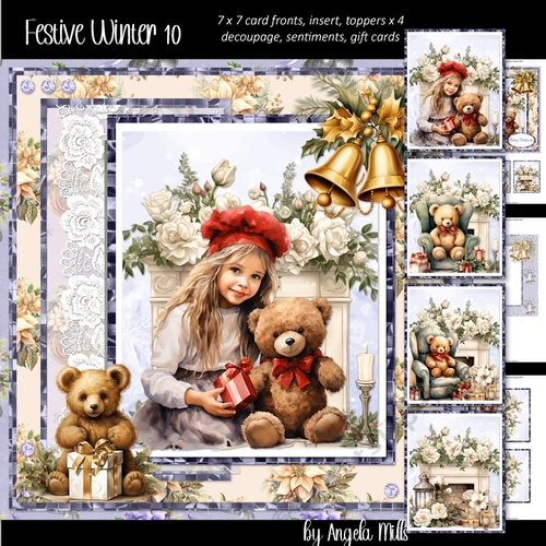 Festive Winter 10: Girl & Teddy Bears 7 x 7 Card Mini Kit, 8 Sheets