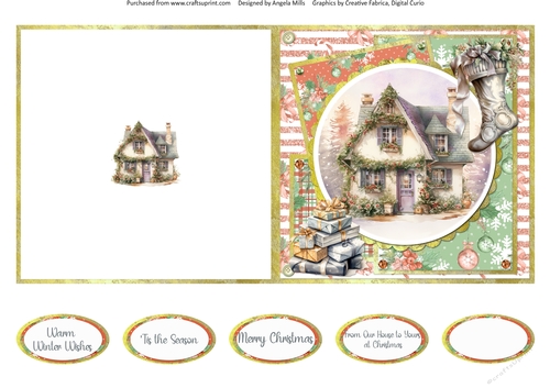 Traditional Christmas 54: Garlanded Cottage 5 x 5 Quick Cut & Fold Card with Sentiments