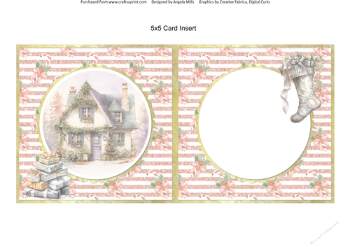 Traditional Christmas 54: Garlanded Cottage 5 x 5 Card Insert with Peach Glitter Striped Backgrounds