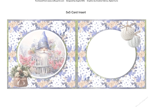 Traditional Christmas 63: Winter Garden Gnome 5 x 5 Card Insert with Lilac & Peach Winter Floral Background