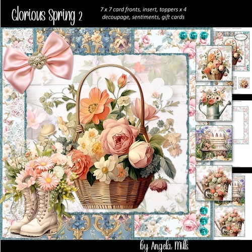 Glorious Spring 2: Peach Peonies Floral Basket 7 x 7 Card Mini-Kit, 8 Sheets, 4 Toppers