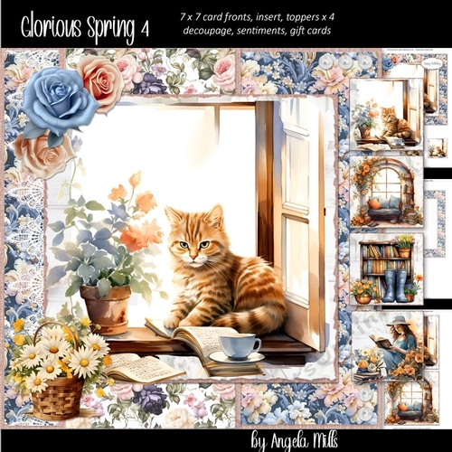 Glorious Spring 4: Ginger Cat at Windowsill 7 x 7 Card Mini-Kit, 8 Sheets, 4 Toppers