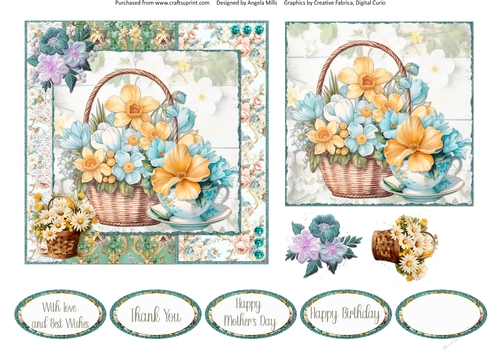 Glorious Spring 5: Floral Basket & Teacup 6 x 6 Card Front with Topper, Decoupage & Sentiments