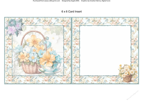 Glorious Spring 5: Floral Basket & Teacup 6 x 6 Card Insert with Green/Yellow Floral Background