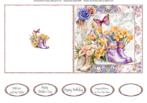 Glorious Spring 6: Pretty Gardening Boots 5 x 5 Quick Cut & Fold Card with Sentiments