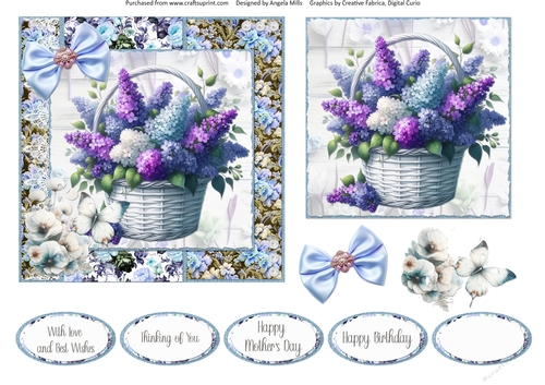Glorious Spring 11: Lilacs & Butterflies Basket 6 x 6 Card Front with Topper, Decoupage & Sentiments