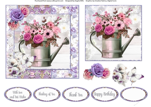 Glorious Spring 8: Pink Florals Watering Can 6 x 6 Card Front with Topper, Decoupage & Sentiments