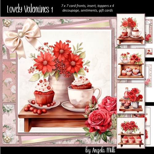 Lovely Valentines 1: Floral Coffee & Cupcake Tray 7 x 7 Card Mini Kit, 8 Sheets