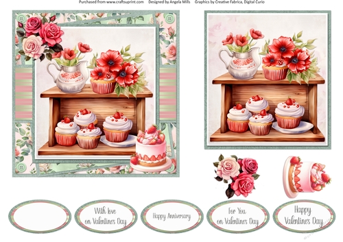 Lovely Valentines 5: Flowers & Cupcakes 6 x 6 Card Front with Topper, Decoupage & Sentiments