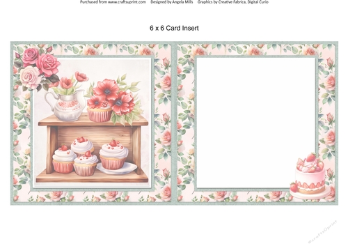 Lovely Valentines 5: Flowers & Cupcakes 6 x 6 Card Insert with Pink/Green Roses Background