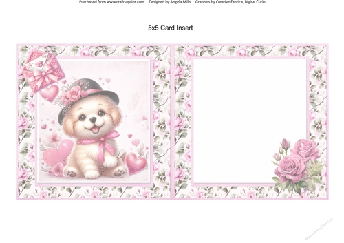Lovely Valentines 9: Happy Puppies 5 x 5 Card Insert with Pink/Green Roses Background