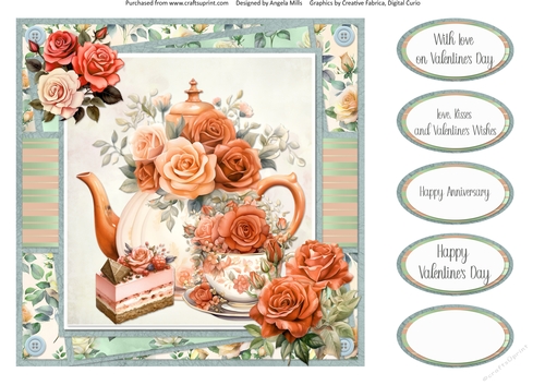 Lovely Valentines Tea, Roses & Cake 13: 8 x 8 Quick Card Front with Sentiments