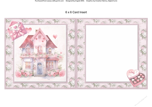 Lovely Valentines 14: Rose House 6 x 6 Card Insert with Pink/White Roses Background