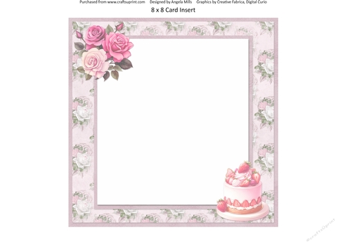 Lovely Valentines 10: Roses & Strawberry Cheesecake 8 x 8 Card Insert with Pink/White Roses Background