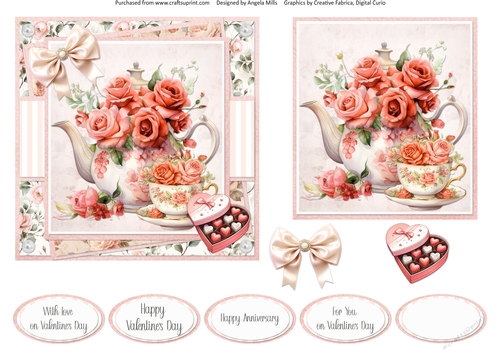 Lovely Valentines 11: Tea & Roses 6 x 6 Card Front with Topper, Decoupage & Sentiments