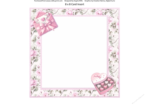 Lovely Valentines 7: Crocheted Envelope & Chocolates 8 x 8 Card with Pink & Green Floral Background