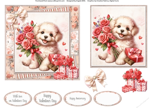 Lovely Valentines 8: Happy Puppies 6 x 6 Card Front with Topper, Decoupage & Sentiments