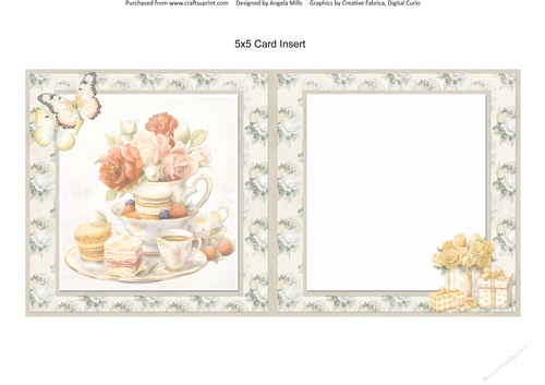 Lovely Valentines 12: Tea, Cake & Roses 5 x 5 Card Insert with Ivory Floral Background