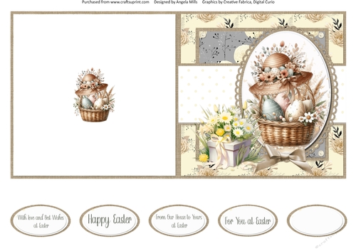 Easter Wishes 9: Boho Easter Bonnet & Basket 5 x 5 Quick Cut & Fold Card with Sentiments