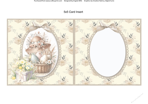 Easter Wishes 9: Boho Easter Bonnet & Basket 5 x 5 Card Insert with Lemon Yellow/Taupe Floral Background