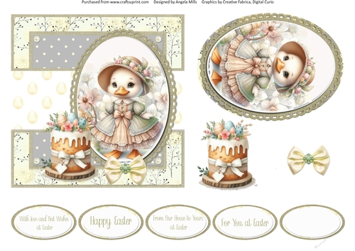 Easter Wishes 14: Cute Girl Duck 6 x 6 Card Front with Topper, Decoupage & Sentiments