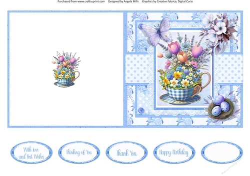 Shabby Spring 9: Blue Floral Teacup 5 x 5 Quick Cut & Fold Card with Sentiments