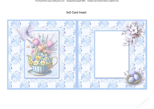 Shabby Spring 9: Blue Floral Teacup 5 x 5 Card Insert with Blue Floral Background