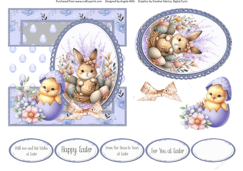 Easter Wishes 8: Cute Easter Bunny & Chick 6 x 6 Card Front with Topper, Decoupage & Sentiments