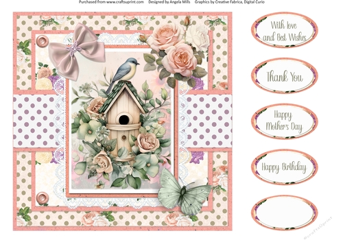 Shabby Spring 13: Floral Bird House 8 x 8 Quick Card Front with Sentiments