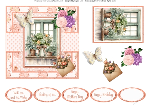 Shabby Spring 11: Floral Window 6 x 6 Card Front with Topper, Decoupage & Sentiments