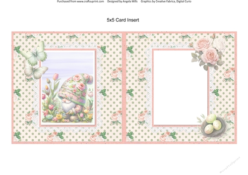 Shabby Spring 15: Gardening Gnome 5 x 5 Card Insert with Ivory/Green/Peach Floral Polka Dot Background