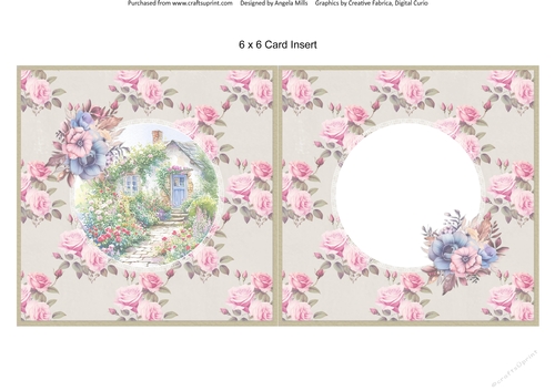 Spring Garden 5: Spring Cottage 6 x 6 Card Insert with Pink Roses on Taupe Background