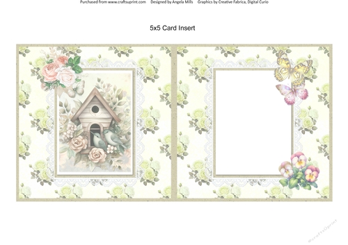 Shabby Spring 12: Floral Bird House 5 x 5 Card Insert with Green Floral Background