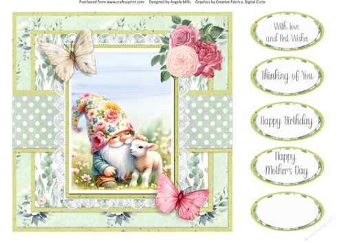 Shabby Spring 16: Cute Spring Gnome & Lamb 8 x 8 Quick Card Front with Sentiments