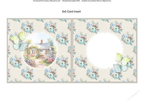 Spring Garden 6: Spring Cottage 5 x 5 Card Insert with Aqua & Taupe Floral Background