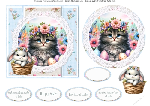 Easter Kittens 5: Tabby Kitten 6 x 6 Card Front with Topper, Decoupage & Sentiments