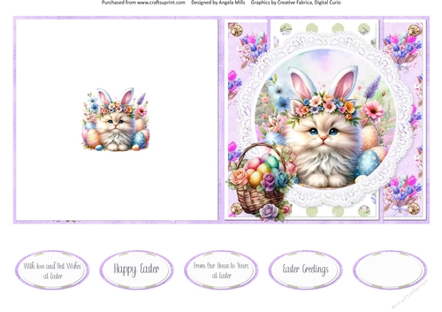 Easter Kittens 9: Bunny Ears Kitten 5 x 5 Quick Cut & Fold Card with Sentiments