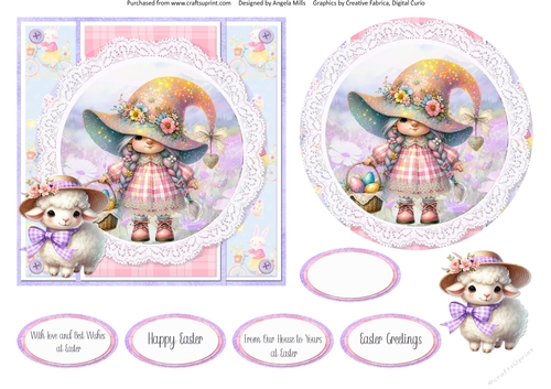 Easter Kittens & Gnomes 14: Cute Girl Gnome & Easter Bonnet Sheep 6 x 6 Card Front with Topper & Sentiments