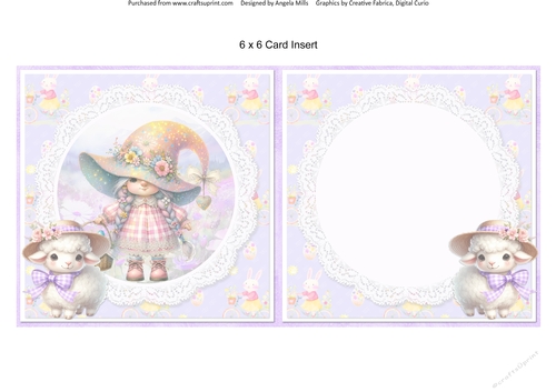 Easter Kittens & Gnomes 14: Cute Girl Gnome & Easter Bonnet Sheep 6 x 6 Card Insert with Bunnies/Lilac Background