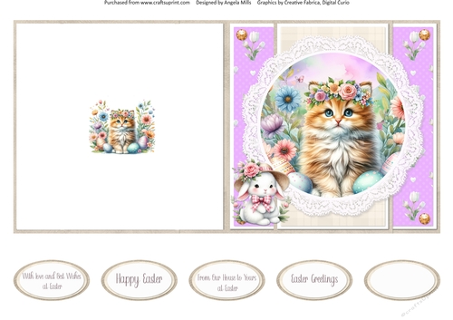 Easter Kittens 6: Ginger Kitten 5 x 5 Quick Cut & Fold Card with Sentiments