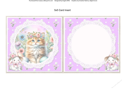 Easter Kittens 6: Ginger Kitten 5 x 5 Card Insert with Lilac/White Floral Background