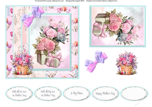 Spring Celebrations 5: Gifts & Bouquet For Mum 6 x 6 Card Front with Topper, Decoupage Embellishments & Sentiments
