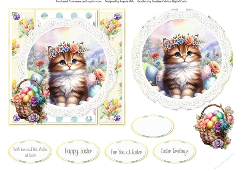 Easter Kittens 11: Caramel & White Tabby 6 x 6 Card Front with Topper, Decoupage Embellishment & Sentiments