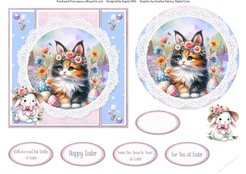 Easter Kittens 8: Calico Kitten 6 x 6 Card Front with Topper, Deocupage Embellishment and Sentiments