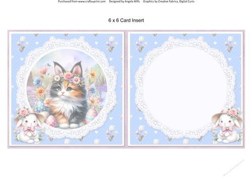 Easter Kittens 8: Calico Kitten 6 x 6 Card Insert with Blue Floral Background