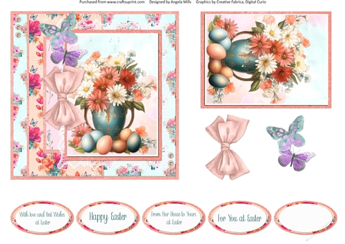 Spring Celebrations 9: Easter Vase & Eggs 6 x 6 Card Front with Topper, Decoupage Embellishments & Sentiments